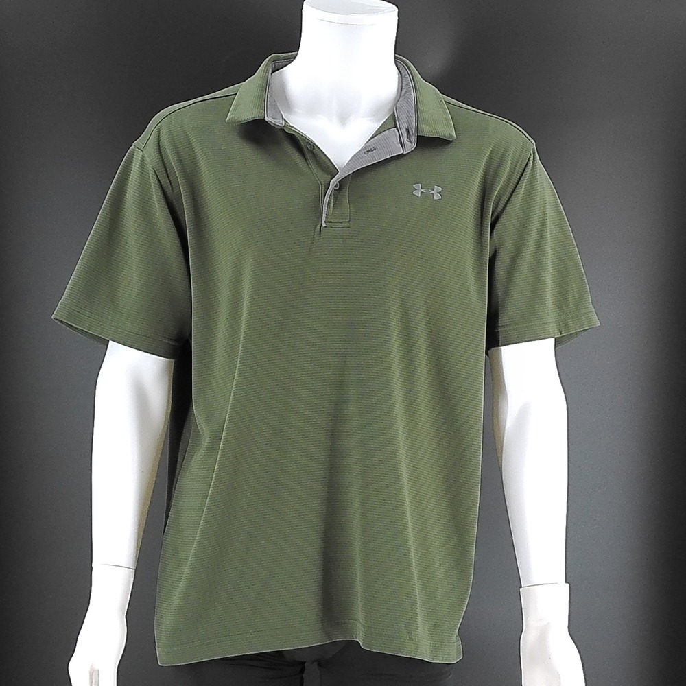 Under Armour Mens XL HeatGear Loose Fit Polo Shirt Olive Green Micro Stripe 0286
